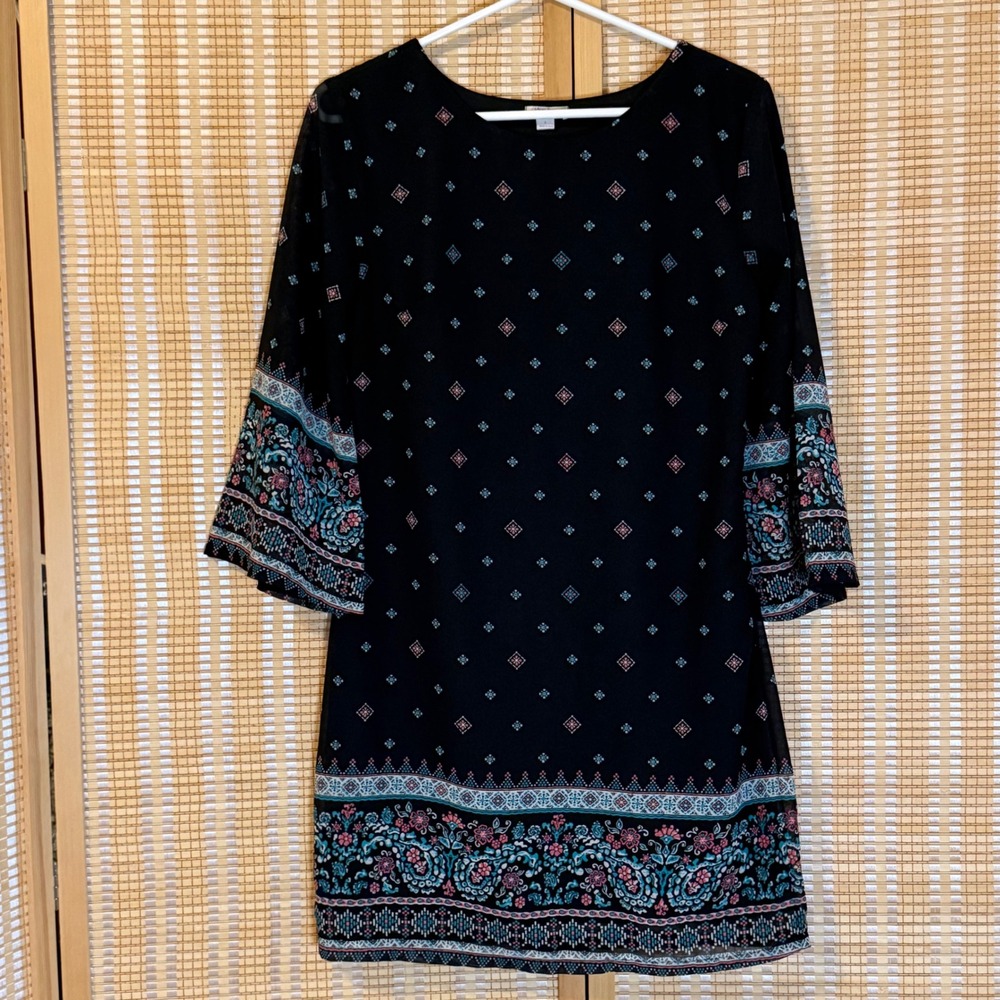 Pinky Womens Black Bohemian Floral Geometric Bell Sleeve Shift Dress Small